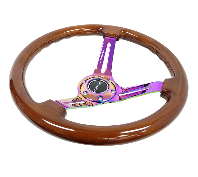 NRG Reinforced Steering Wheel (350mm / 3in. Deep) Brown Wood w/Blk Matte Spoke/Neochrome Center Mark RST-018BR-MC