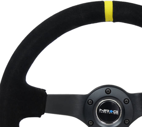 NRG Reinforced Steering Wheel (350mm / 3in. Deep) Blk Suede/X-Stitch w/5mm Blk Spoke & Yellow CM RST-036MB-S-Y