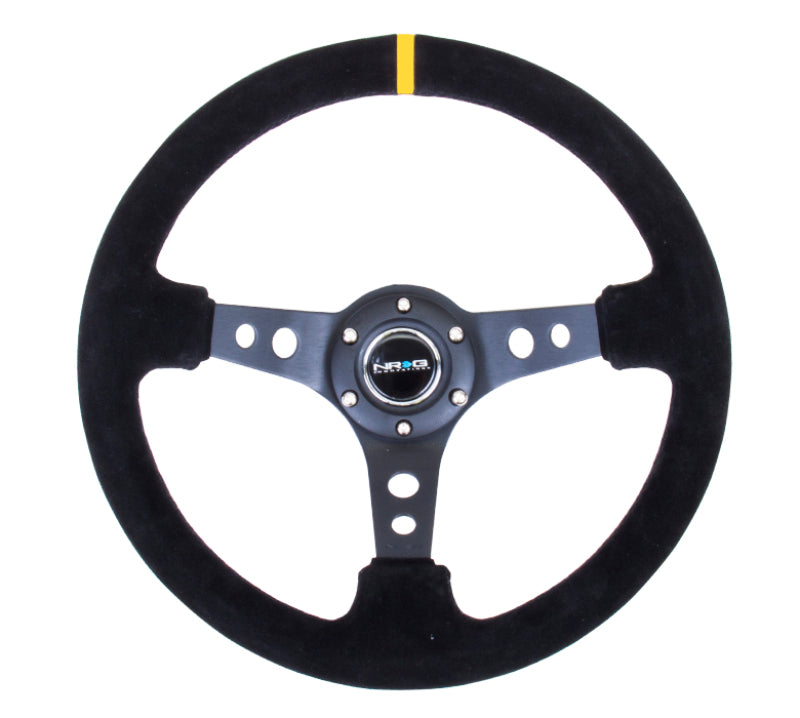 NRG Reinforced Steering Wheel (350mm / 3in. Deep) Blk Suede w/Circle Cut Spokes & Single Yellow CM RST-006S-Y