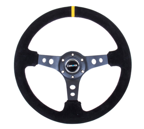 NRG Reinforced Steering Wheel (350mm / 3in. Deep) Blk Suede w/Circle Cut Spokes & Single Yellow CM RST-006S-Y