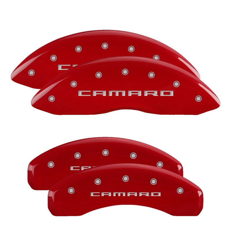 MGP 4 Caliper Covers Engraved Front & Rear Gen 5/Camaro Red finish silver ch 14036SCA5RD