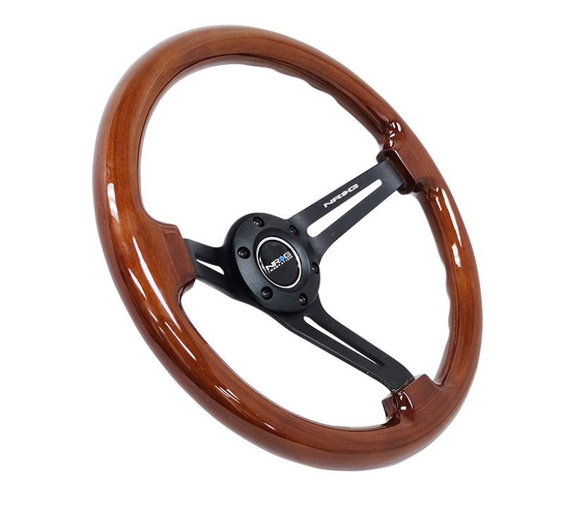 NRG Reinforced Steering Wheel (350mm / 3in. Deep) Brown Wood w/Blk Matte Spoke/Black Center Mark RST-018BR-BK