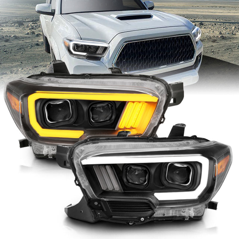 ANZO 2016-2017 Toyota Tacoma Projector Headlights w/ Plank Style Switchback Black w/ Amber 111396