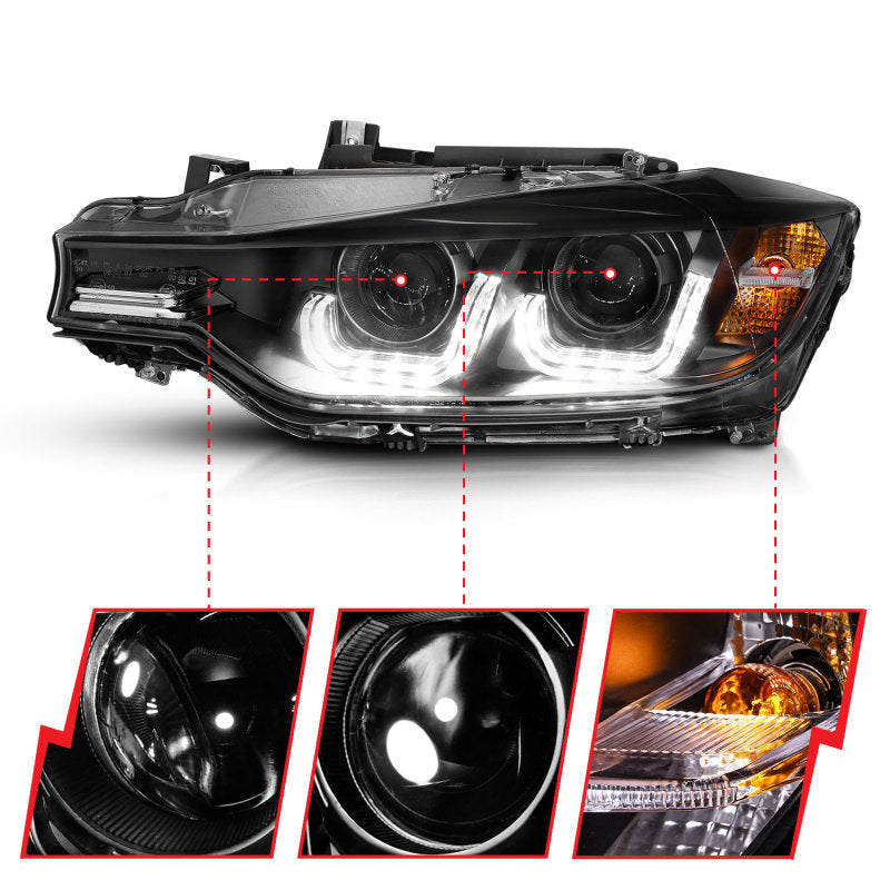 ANZO 2012-2015 BMW 3 Series Projector Headlights w/ U-Bar Black 121504