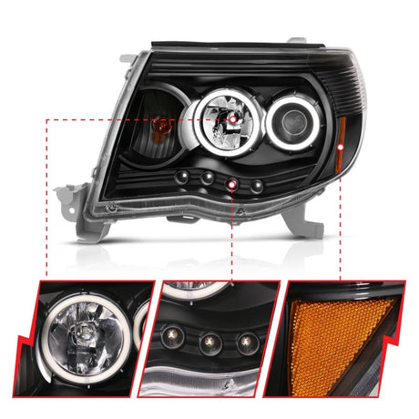 ANZO 2005-2011 Toyota Tacoma Projector Headlights w/ Halo Black 121282