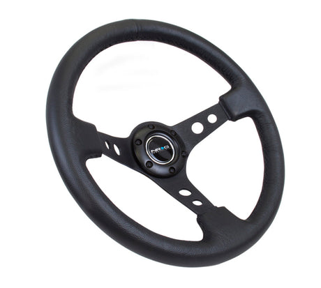 NRG Reinforced Steering Wheel (350mm / 3in. Deep) Blk Leather w/Blk Spoke & Circle Cutouts RST-006BK