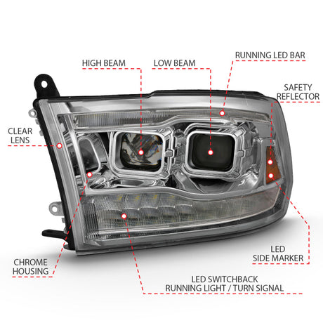 ANZO 2009-2018 Dodge Ram 1500 Projector H.L. Switchback Chrome Amber 111442