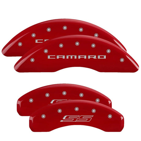 MGP 4 Caliper Covers Engraved Front Gen 5/Camaro Engraved Rear Gen 5/SS Red finish silver ch 14241SCS5RD