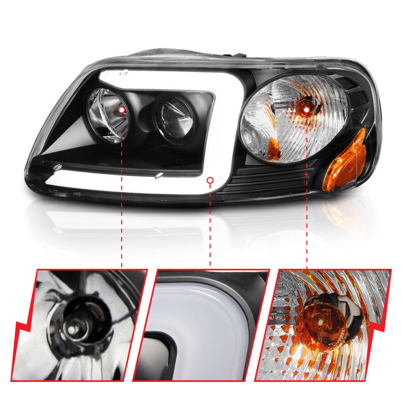 ANZO 1997-2003 Ford F-150 Projector Headlights w/ Light Bar Black Housing 111503