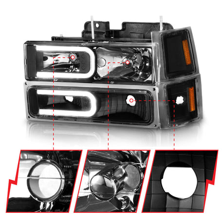 ANZO 88-98 Chevrolet C1500 Crystal Headlights w/ Light Bar Black Housing w/ Signal Side Markers 8Pcs 111528