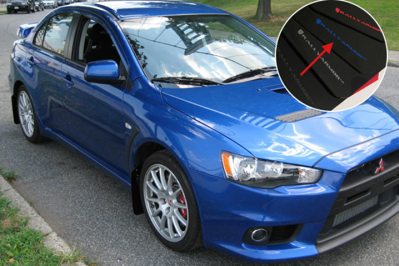 Rally Armor 2008+ Mitsubishi EVO X UR Black Mud Flap w/ Blue Logo MF10-UR-BLK/BL