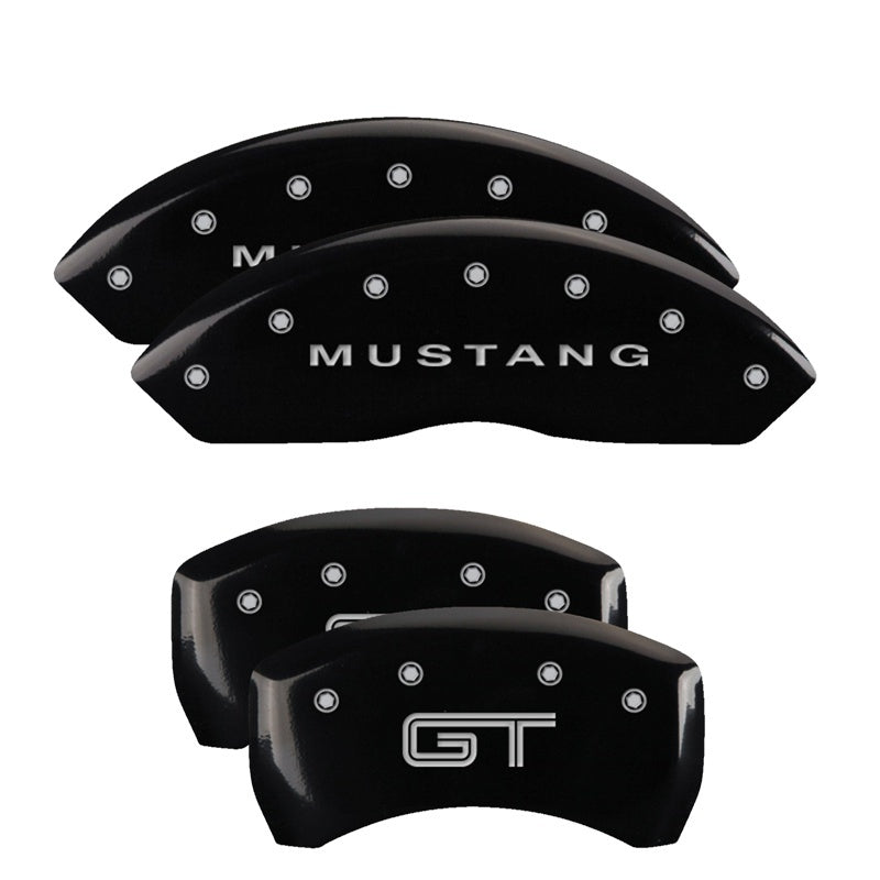 MGP 4 Caliper Covers Engraved Front Mustang Engraved Rear S197/GT Black finish silver ch 10197SMG2BK