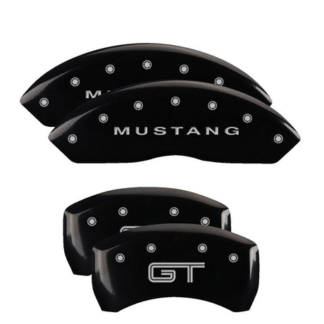 MGP 4 Caliper Covers Engraved Front Mustang Engraved Rear S197/GT Black finish silver ch 10197SMG2BK