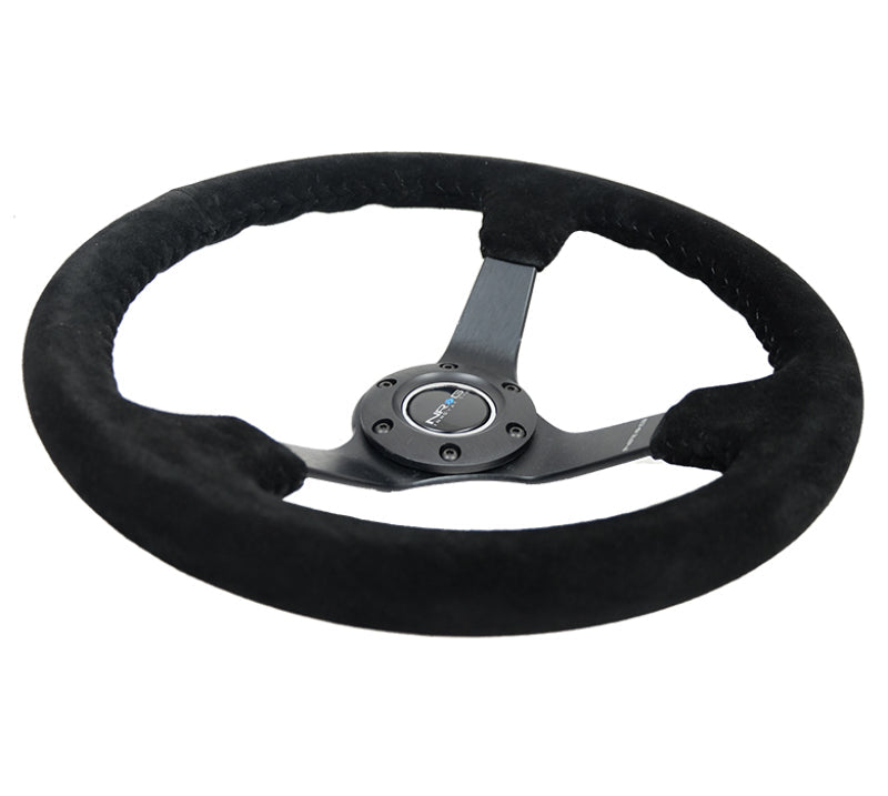 NRG Reinforced Steering Wheel (350mm / 3in. Deep) Blk Suede/Blk Bball Stitch w/5mm Matte Black Spoke RST-036MB-S-BK