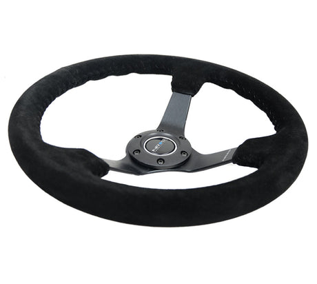 NRG Reinforced Steering Wheel (350mm / 3in. Deep) Blk Suede/Blk Bball Stitch w/5mm Matte Black Spoke RST-036MB-S-BK