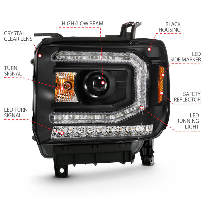 ANZO 2016-2019 Gmc Sierra 1500 Projector Headlight Plank Style Black w/ Sequential Amber Signal 111485