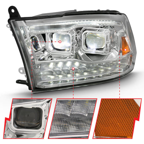 ANZO 2009-2018 Dodge Ram 1500 Led Projector Plank Style Switchback H.L Halo Chrome Amber (OE Style) 111465