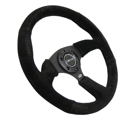 NRG Reinforced Steering Wheel (350mm / 2.5in. Deep) Blk Suede Comfort Grip w/5mm Matte Blk Spokes RST-023MB-S