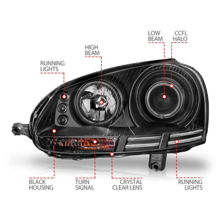 ANZO 2006-2009 Volkswagen Rabbit Projector Headlights w/ Halo Black (CCFL) 121345