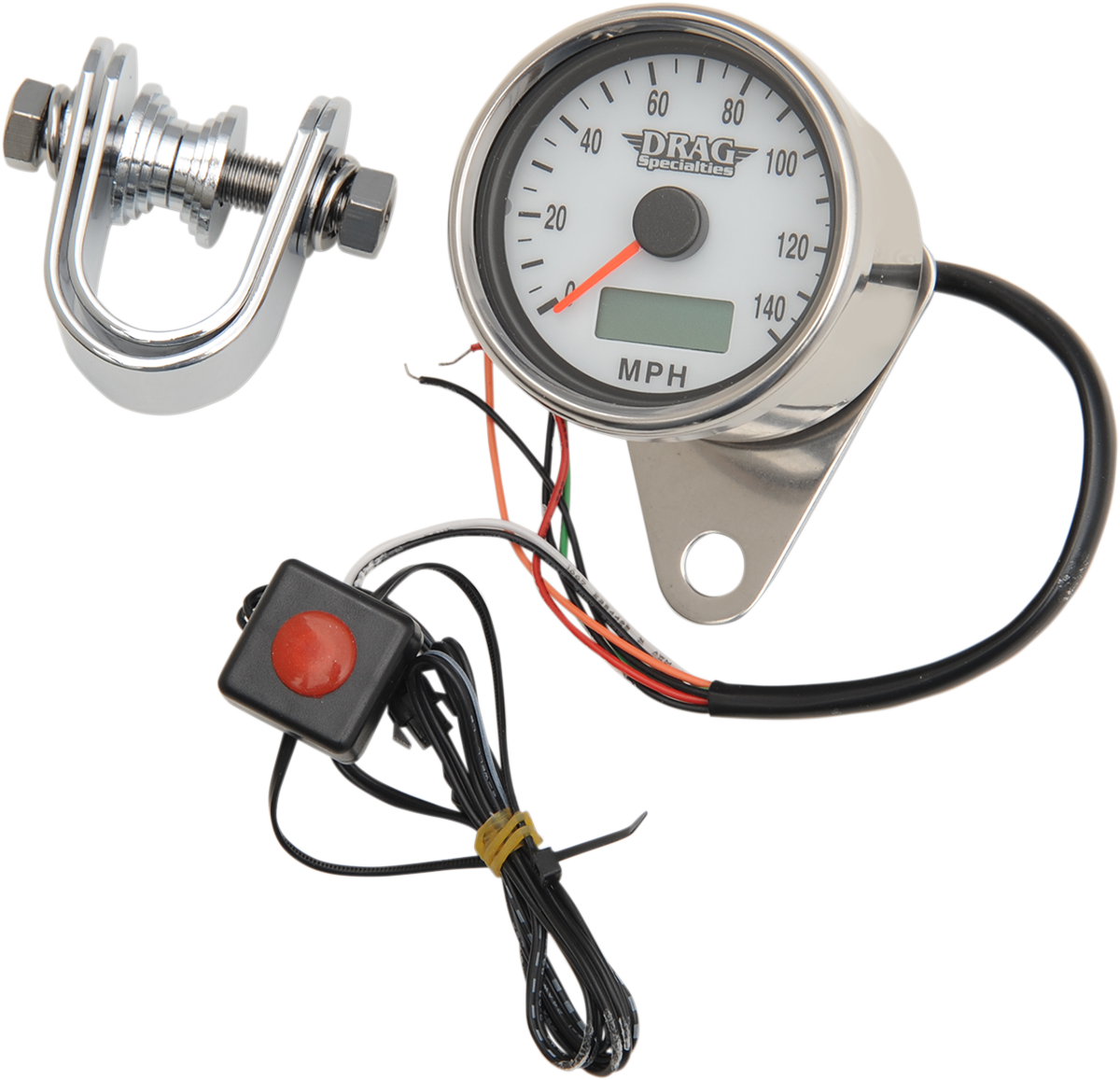 DRAG SPECIALTIES 2.4" MPH Programmable Mini Electronic Speedometer with Odometer/Tripmeter - Polished - White Face 21-6893DSWNU