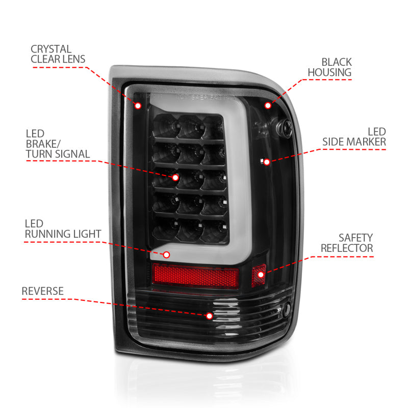 ANZO 1993-1997 Ford  Ranger LED Tail Lights w/ Light Bar Black Housing Clear Lens 311359