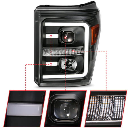 ANZO 2011-2016 Ford F250 Projector Headlights w/ Plank Style Switchback Black w/ Amber 111406