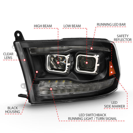ANZO 2009-2018 Dodge Ram 1500 Projector H.L. Switchback Black Amber 111441