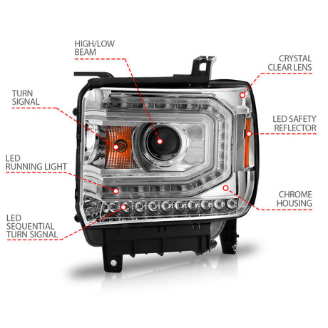 ANZO 2014-2015 Gmc Sierra 1500 Projector Headlights w/ Light Bar Chrome Housing (Halogen Type) 111514