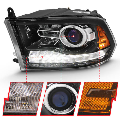 ANZO 2009-2018 Dodge Ram 1500 Projector Plank Style Switchback H.L Halo Black Amber (OE Style) 111439