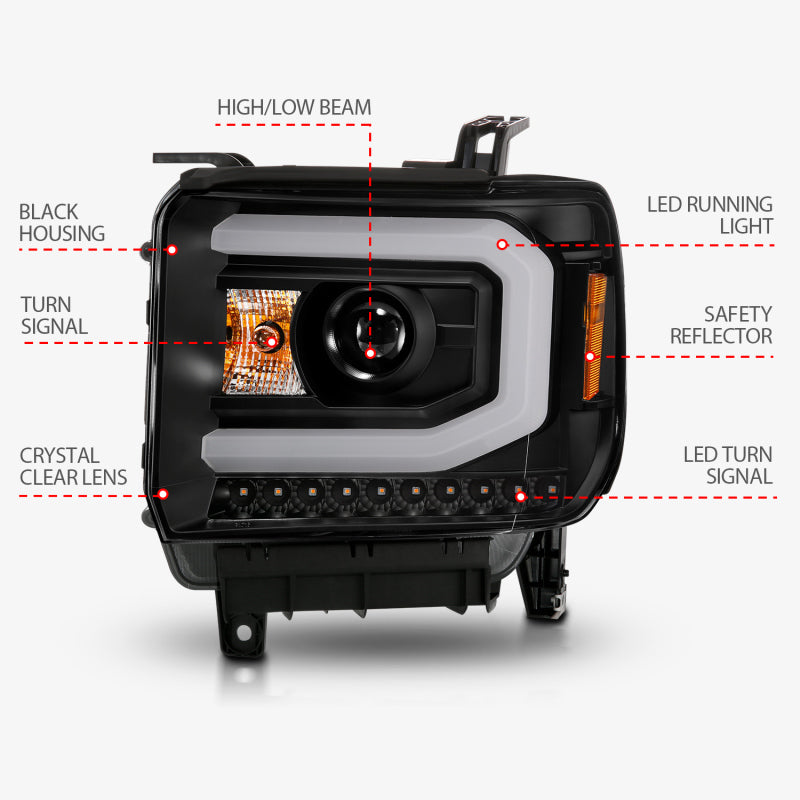 ANZO 2014-2015 GMC Sierra 1500 Projector Headlights w/ Light Bar Black Housing (Halogen Type) 111513