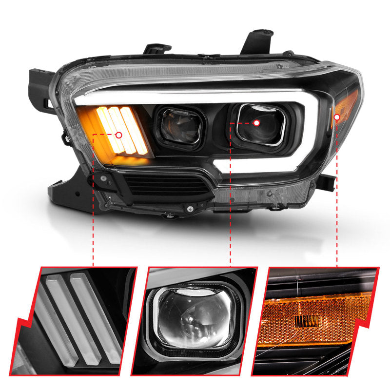 ANZO 2016-2017 Toyota Tacoma Projector Headlights w/ Plank Style Design Black/Amber w/ DRL 111379