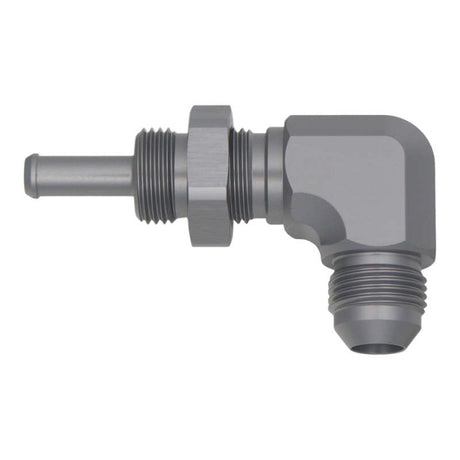 DeatschWerks 8AN Male Flare To 5/16in. Male Barb Bulkhead Adapter 90-Degree (Incl. Nut) 06-02-0713