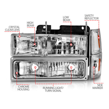 ANZO 88-98 Chevrolet C1500 Crystal Headlights Chrome w/ Signal and Side Marker Lights 111506