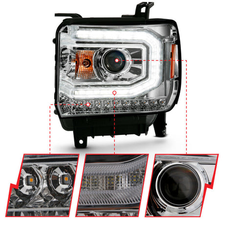 ANZO 2016-2019 Gmc Sierra 1500 Projector Headlight Plank Style Chrome w/ Sequential Amber Signal 111486