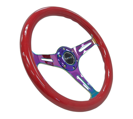 NRG Classic Wood Grain Steering Wheel (350mm) Red Grip w/Neochrome 3-Spoke Center ST-015MC-RD