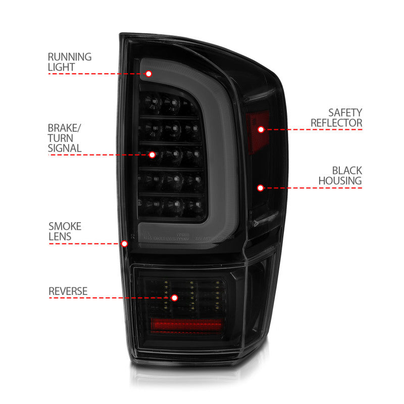 ANZO 16-21 Toyota Tacoma LED Tail Lights - w/ Light Bar Sequential Black Housing & Smoke Lens 311401
