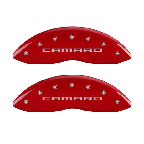 MGP 4 Caliper Covers Engraved Front Gen 5/Camaro Engraved Rear Gen 5/RS Red finish silver ch 14033SCR5RD