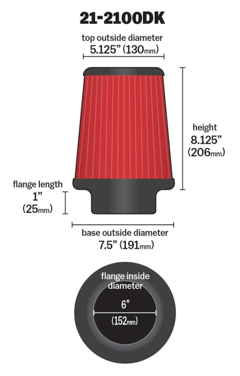 AEM 6 inch DRY Flow Short Neck 9 inch Element Filter Replacement 21-2100DK