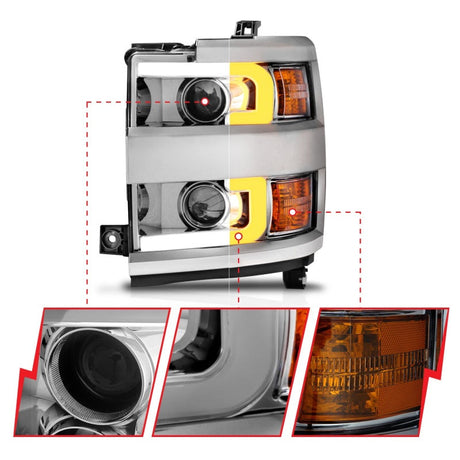 ANZO Projector Headlights 15-17 Chevrolet Silverado 2500HD / 3500HD Chrome w/ Chrome Rim 111366