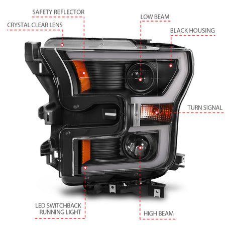 ANZO 2015-2017 Ford F-150 Projector Headlights w/ Plank Style Switchback Black w/ Amber 111357
