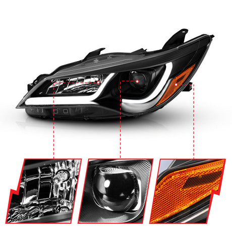 ANZO Projector Headlights With Plank Style Design Black w/Amber 15-16 Toyota Camry (4DR) 121518