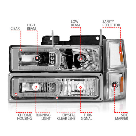 ANZO 88-98 Chevrolet C1500 Crystal Headlights w/Light Bar Chrome Housing w/ Signal Side Markers 8Pcs 111529