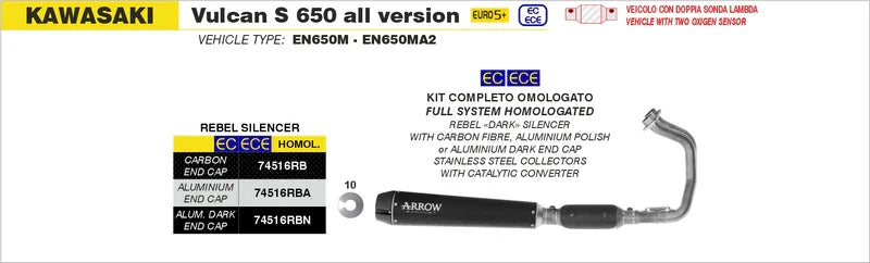Arrow  Kawasaki Vulcan S 650 E5+ '25 Stainless Steel Collectors -74016cc