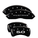 MGP 4 Caliper Covers Engraved Front Mustang Engraved Rear 50 Black finish silver ch 10198SM50BK