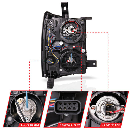 ANZO 14-15 Chevrolet Silverado 1500 Projector Headlights w/ Plank Style Switchback Black w/ Amber 111412