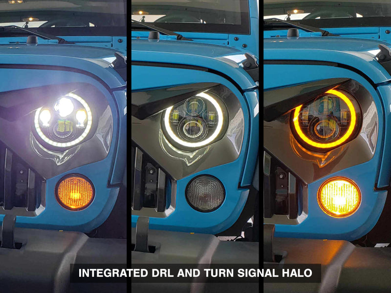 Raxiom 97-18 Jeep Wrangler TJ/JK Axial Halo Headlights w/ DRL Amber Signals- Blk Hsng (Clear Lens) J108037