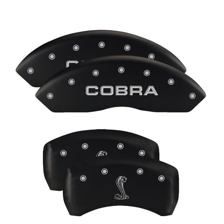 MGP 4 Caliper Covers Engraved Front Mustang Engraved Rear 50 Black finish silver ch 10198SM50BK