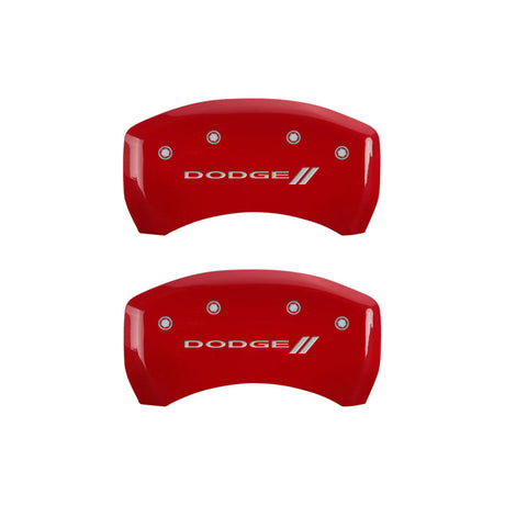 MGP 4 Caliper Covers Engraved Front & Rear With stripes/Dodge Red finish silver ch 12181SDD3RD