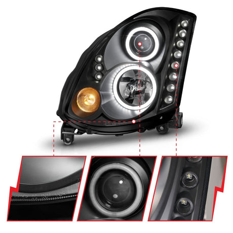 ANZO 2003-2007 Infiniti G35 Projector Headlights w/ Halo Black (CCFL) (HID Compatible) 121363