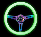 NRG Classic Wood Grain Steering Wheel (350mm) Glow-N-The-Dark Green Grip w/Neochrome 3-Spoke Center ST-015MC-GL